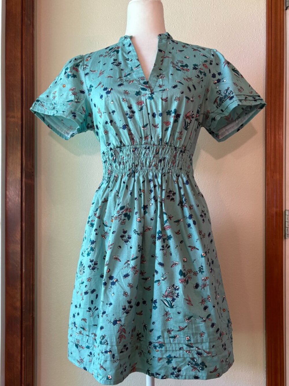 eshakti Floral Midi Dress Fit Flare Seafoam Blue Green Smocked Pockets Size S